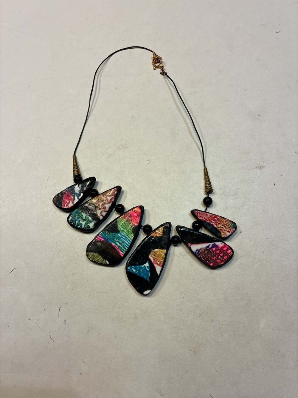 Artisan Polymer Clay Statement Bib Necklace Multicolor Teardrop Pendants